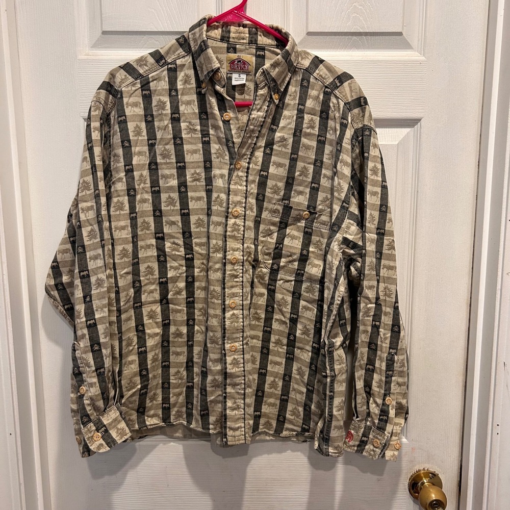 VTG Barn Fly Men's Plaid AOP Moose‎ Tree Button Down Shirt S Cotton Made in USA